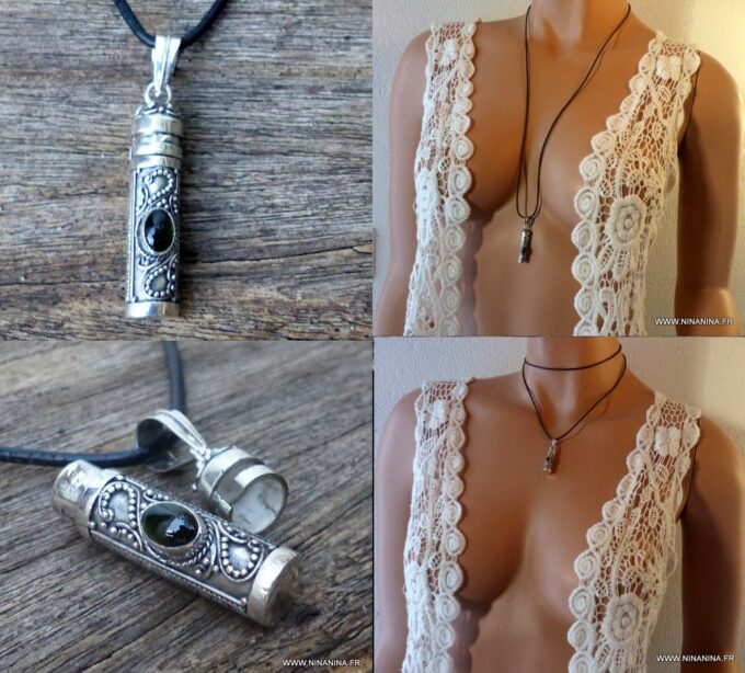 N6107 Collier long cordon cuir facon parfum - urne funéraire argent 925 massif - Bijoux Colliers en ligne Ninanina