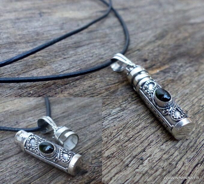 N6107a Collier long cordon cuir facon parfum - urne funéraire argent 925 massif - Bijoux Colliers en ligne Ninanina