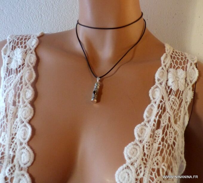 N6107c Collier long cordon cuir facon parfum - urne funéraire argent 925 massif - Bijoux Colliers en ligne Ninanina
