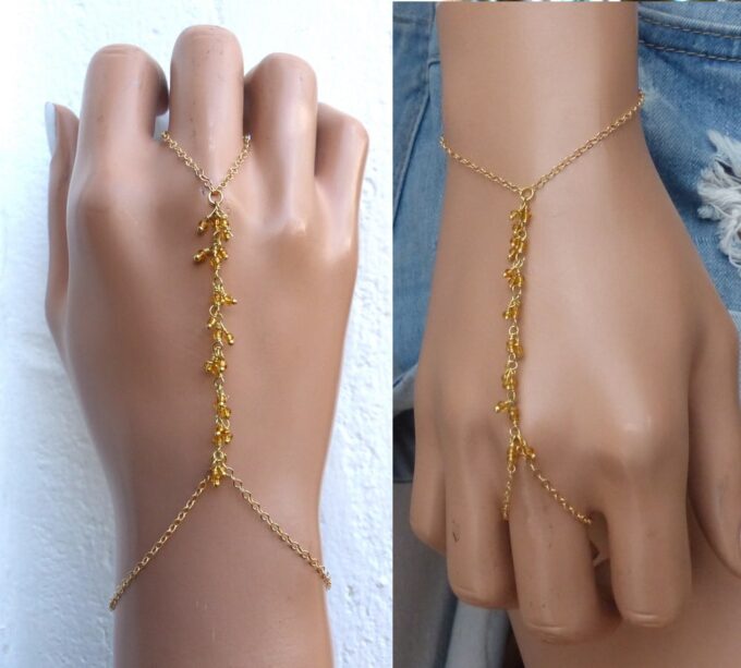 N6114 Bracelet bague chaine de main citrines plaqué or - Bijoux Bracelets en ligne Ninanina