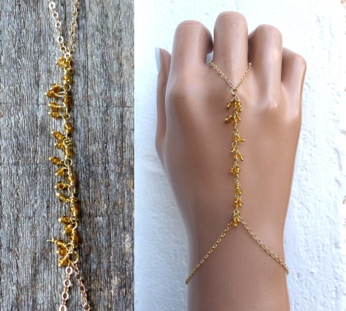 N6114a Bracelet bague chaine de main citrines plaqué or - Bijoux Bracelets en ligne Ninanina
