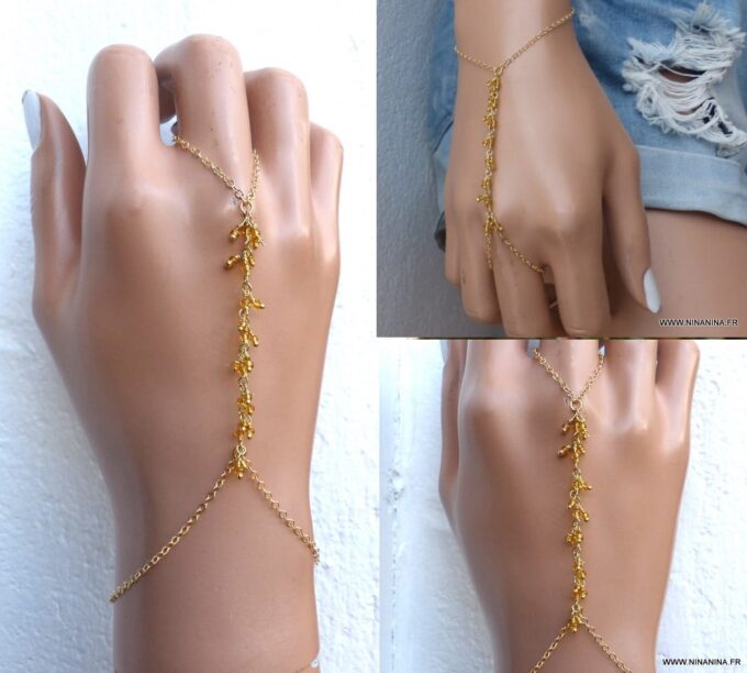 N6114d Bracelet bague chaine de main citrines plaqué or - Bijoux Bracelets en ligne Ninanina
