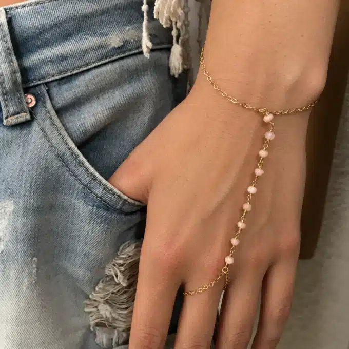 N6115l Bracelet bague chaine de main opales roses plaqué or – Bijoux Bracelets en ligne Ninanina