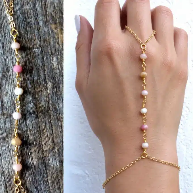 N6115n Bracelet bague chaine de main opales roses plaqué or – Bijoux Bracelets en ligne Ninanina