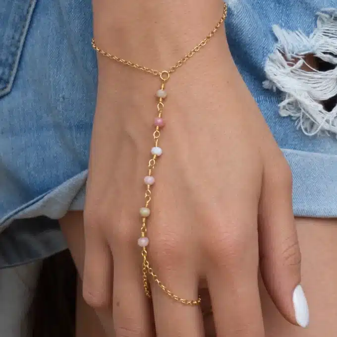 N6115o Bracelet bague chaine de main opales roses plaqué or – Bijoux Bracelets en ligne Ninanina