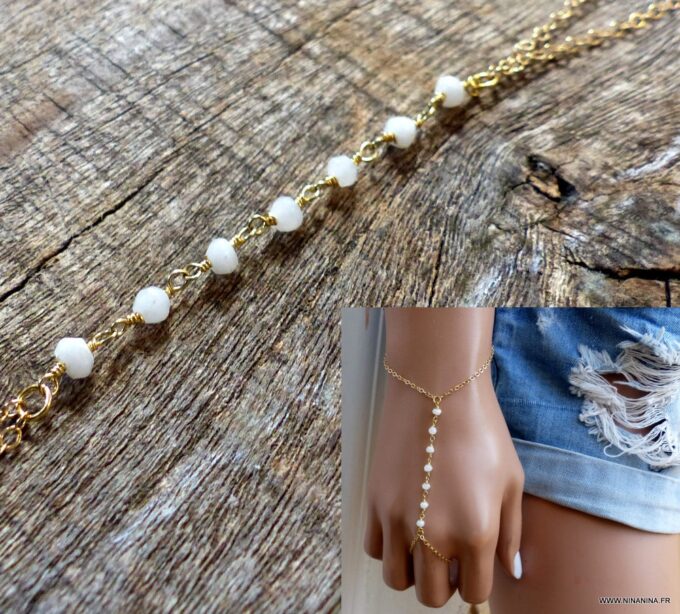 N6118a Bracelet bague chaine de main pierres fines agates blanches plaqué or - Bijoux Bracelets en ligne Ninanina