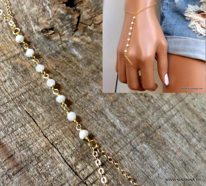 N6118c Bracelet bague chaine de main pierres fines agates blanches plaqué or - Bijoux Bracelets en ligne Ninanina