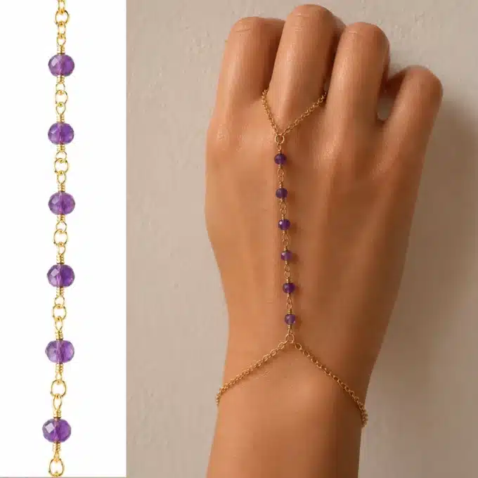 N6119a Bracelet chaine de main pierre améthyste brute plaqué or - Bijoux de mains femmes en ligne Ninanina