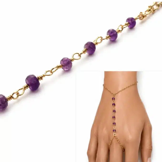 N6119c Bracelet chaine de main pierre améthyste brute plaqué or - Bijoux de mains femmes en ligne Ninanina