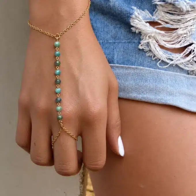 N6122 Bracelet bague - chaine de main turquoise naturelle laiton doré - Bijoux de maisn femmes en ligne Ninanina