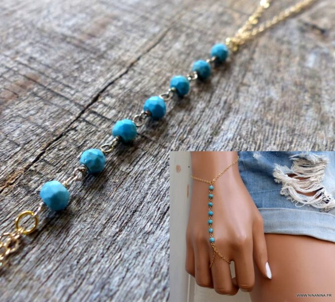 N6122a Bracelet bague chaine de main pierres fines turquoise plaqué or - Bijoux Bracelets en ligne Ninanina