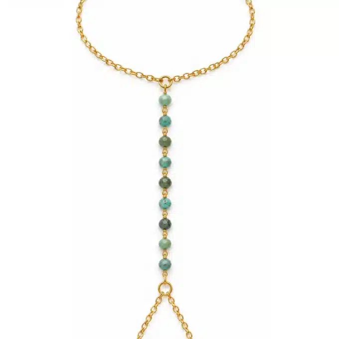 N6122B Bracelet bague - chaine de main turquoise naturelle laiton doré - Bijoux de maisn femmes en ligne Ninanina