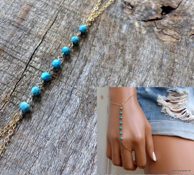 N6122c Bracelet bague chaine de main pierres fines turquoise plaqué or - Bijoux Bracelets en ligne Ninanina