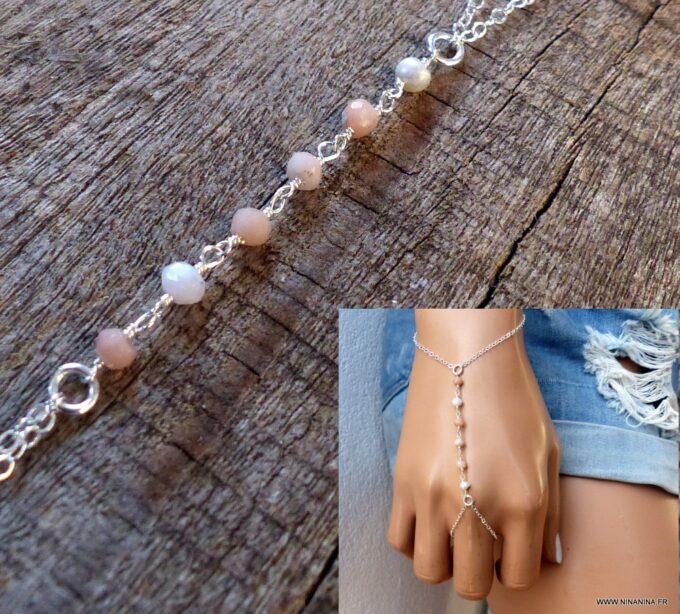 N6132a Bracelet bague chaine de main pierres fines opale rose argent 925 massif - Bijoux Bracelets en ligne Ninanina