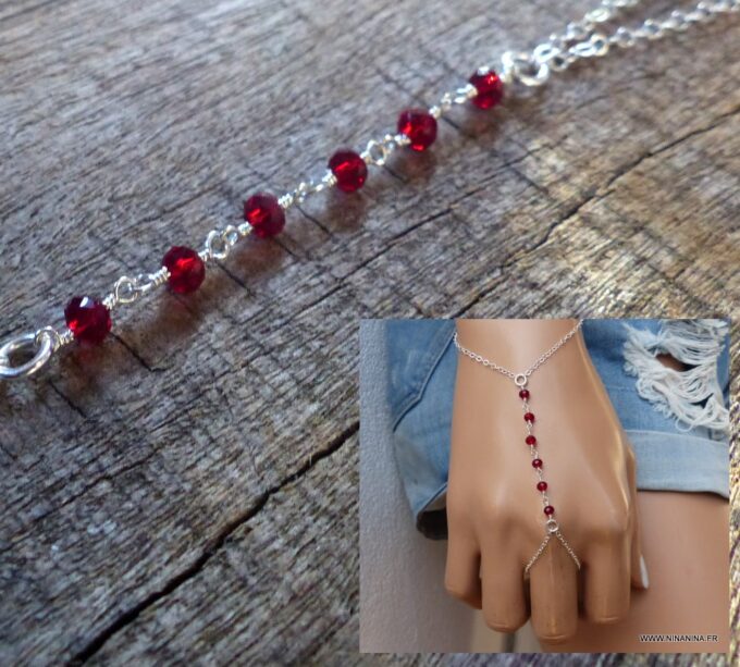 N6133a Bracelet bague chaine de main pierres fines grenat rouge argent 925 massif - Bijoux Bracelets en ligne Ninanina