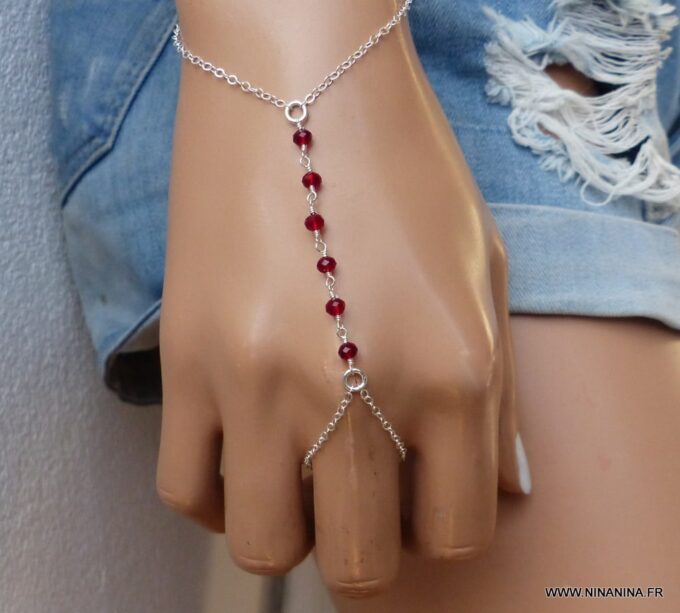 N6133b Bracelet bague chaine de main pierres fines grenat rouge argent 925 massif - Bijoux Bracelets en ligne Ninanina
