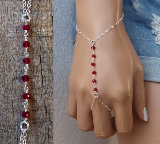 N6133c Bracelet bague chaine de main pierres fines grenat rouge argent 925 massif - Bijoux Bracelets en ligne Ninanina