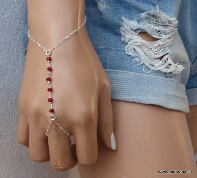 N6133d Bracelet bague chaine de main pierres fines grenat rouge argent 925 massif - Bijoux Bracelets en ligne Ninanina
