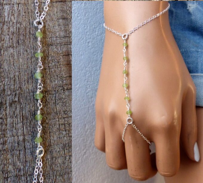 N6136 Bracelet bague chaine de main pierres fines péridot vert argent 925 massif - Bijoux Bracelets en ligne Ninanina