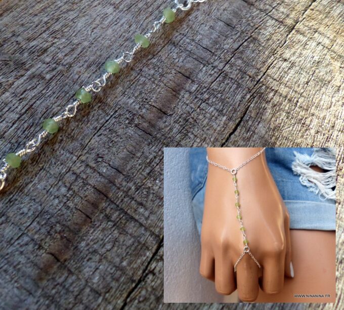 N6136b Bracelet bague chaine de main pierres fines péridot vert argent 925 massif - Bijoux Bracelets en ligne Ninanina