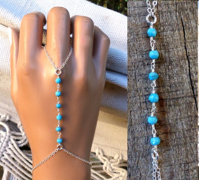 N6137 Bracelet bague chaine de main pierres fines turquoise argent 925 massif - Bijoux Bracelets en ligne Ninanina