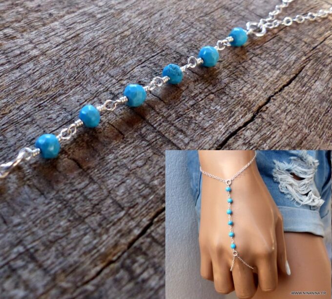 N6137a Bracelet bague chaine de main pierres fines turquoise argent 925 massif - Bijoux Bracelets en ligne Ninanina