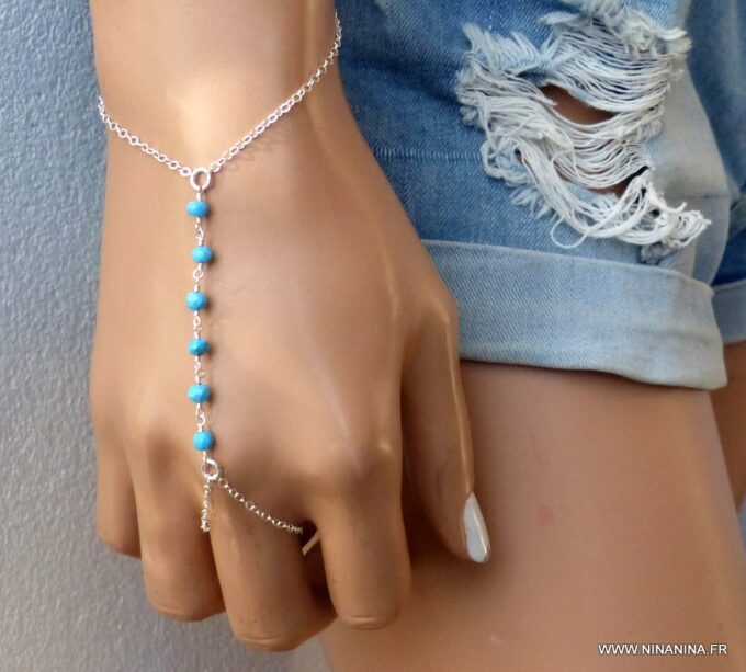 N6137b Bracelet bague chaine de main pierres fines turquoise argent 925 massif - Bijoux Bracelets en ligne Ninanina