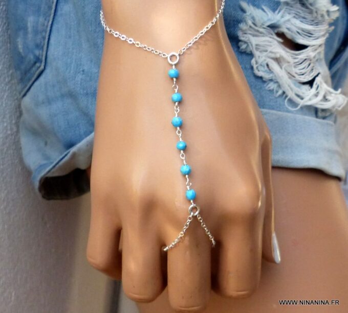 N6137i Bracelet bague chaine de main pierres fines turquoise argent 925 massif - Bijoux Bracelets en ligne Ninanina