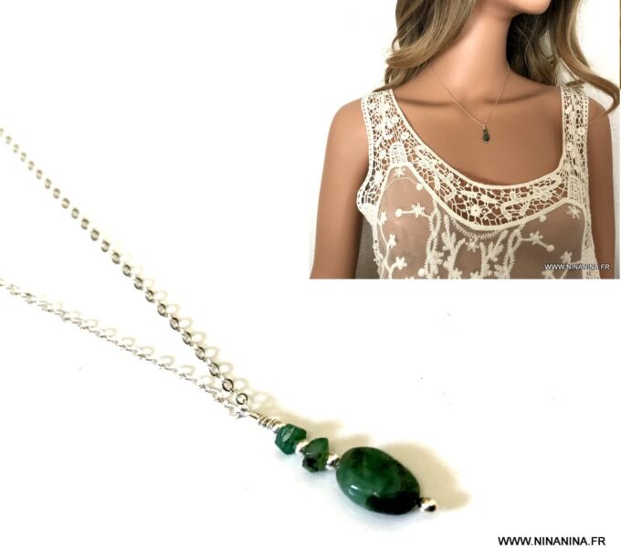 N6140b Collier émeraude femme Argent 925 - Bijoux Colliers en ligne Ninanina