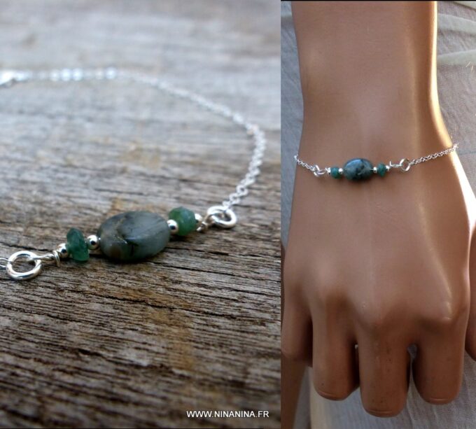 N6142 Bracelet argent massif et émeraudes - Bijoux Bracelets en ligne Ninanina