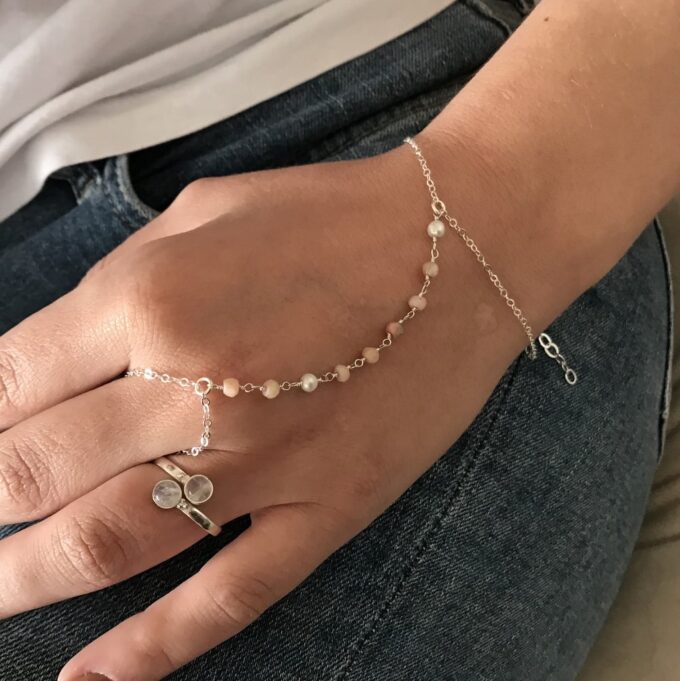 N6142a Bracelet bague - chaine de main argent opales roses - Bijoux Bracelets en ligne Ninanina
