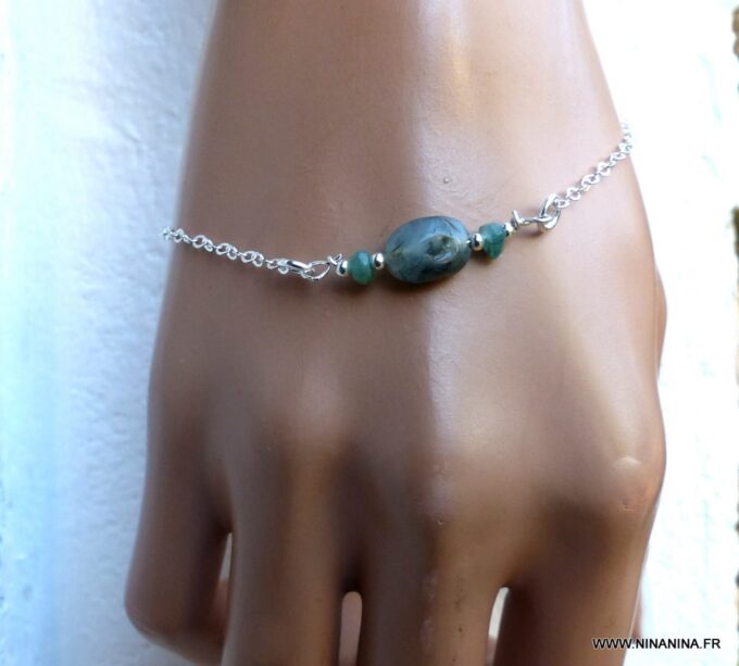 N6142d Bracelet argent massif et émeraudes - Bijoux Bracelets en ligne Ninanina