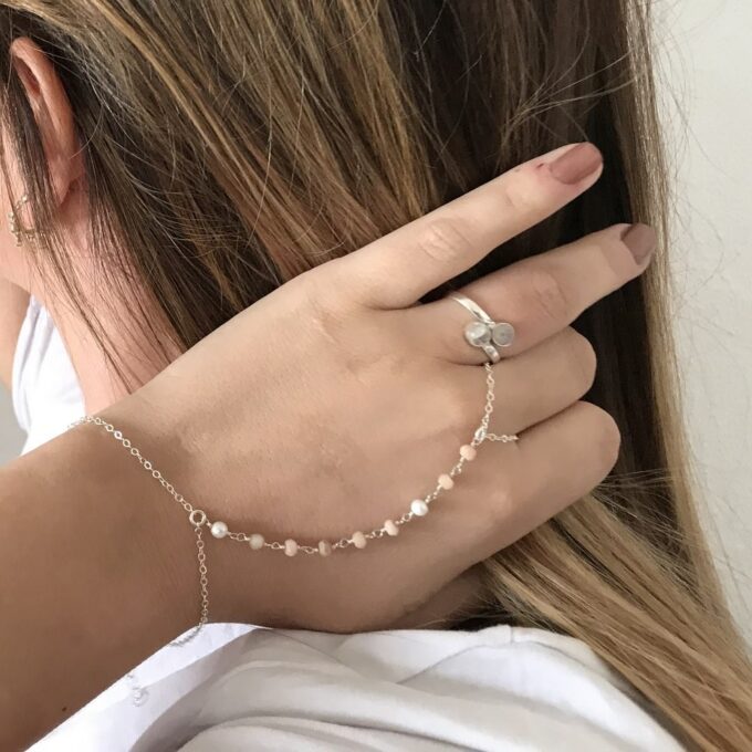 N6142e Bracelet bague - chaine de main argent opales roses - Bijoux Bracelets en ligne Ninanina