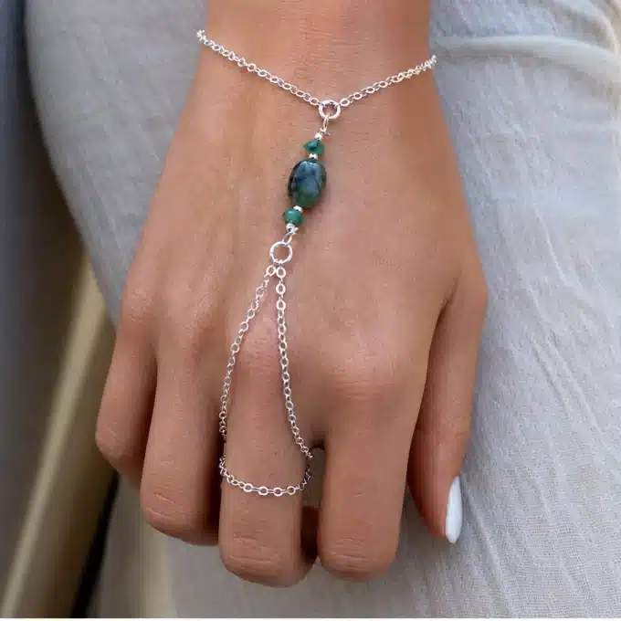 N6143 Bracelet vert emeraude et argent avec bague femme relié - Bijoux Bracelets femmes en ligen Ninanina
