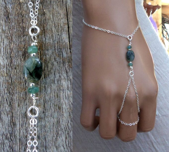 N6143a Bracelet bague - chaine de main argent massif et pierres émeraudes - Bijoux Bracelets en ligne Ninanina