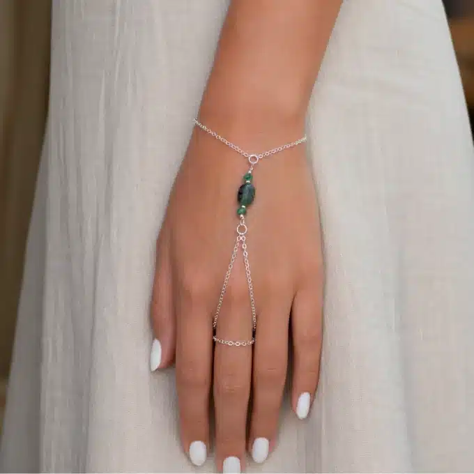 N6143a Bracelet vert emeraude et argent avec bague femme relié - Bijoux Bracelets femmes en ligen Ninanina