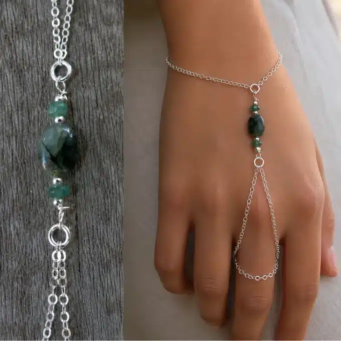 N6143b Bracelet vert emeraude et argent avec bague femme relié - Bijoux Bracelets femmes en ligen Ninanina