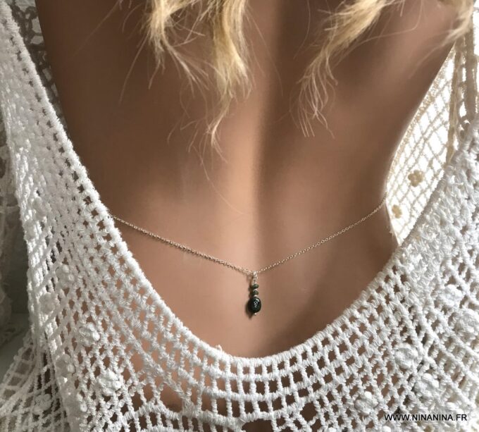 N6144 Chaine de taille argent massif et emeraude naturelle - Bijoux Chaines en ligne Ninanina
