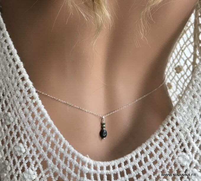 N6144b Chaine de taille argent massif et emeraude naturelle - Bijoux Chaines en ligne Ninanina