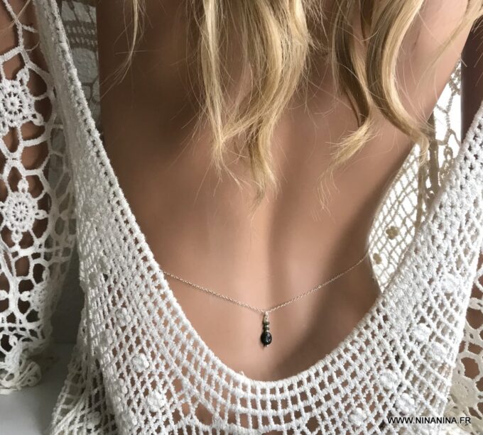 N6144c Chaine de taille argent massif et emeraude naturelle - Bijoux Chaines en ligne Ninanina