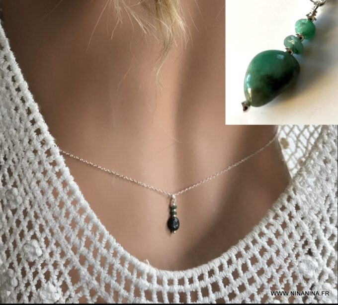 N6144f Chaine de taille argent massif et emeraude naturelle - Bijoux Chaines en ligne Ninanina