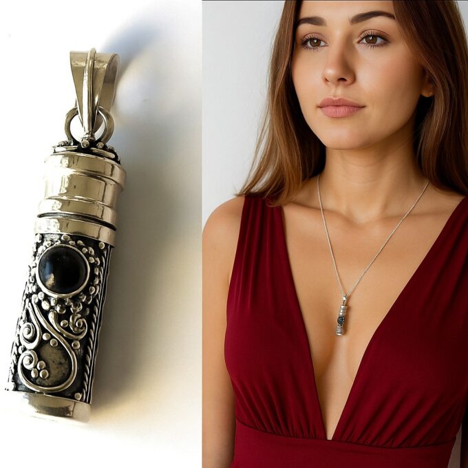 N6145a Bijou funéraire pendentif urne artisanal - Collier Argent 925 et onyx noire véritable - Bijoux Colliers cinéraires en ligne Ninanina