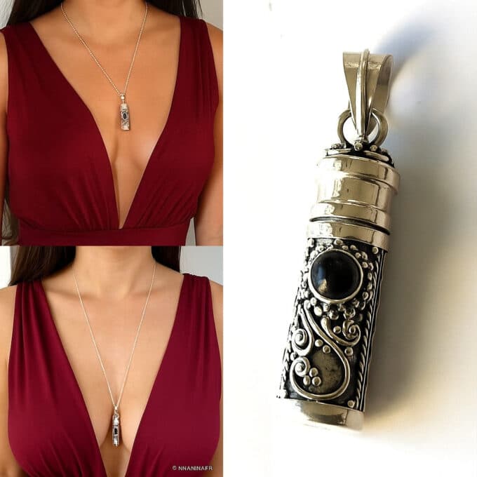 N6145B Bijou funéraire pendentif urne artisanal - Collier Argent 925 et onyx noire véritable - Bijoux Colliers cinéraires en lig
