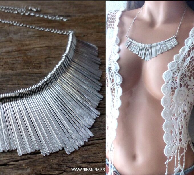 N6148 Collier plastron franges métal argenté - Bijoux Colliers en ligne Ninanina