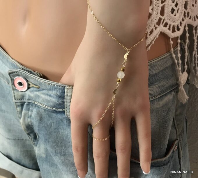 N6150a Bracelet bague femme plaqué or et pierre de lune - Bijoux Bracelets en ligne Ninanina