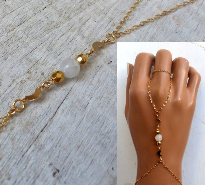 N6150b - Bracelet bague chaine de main plaqué or et pierre de lune - Bijoux Bracelets en ligne Ninanina