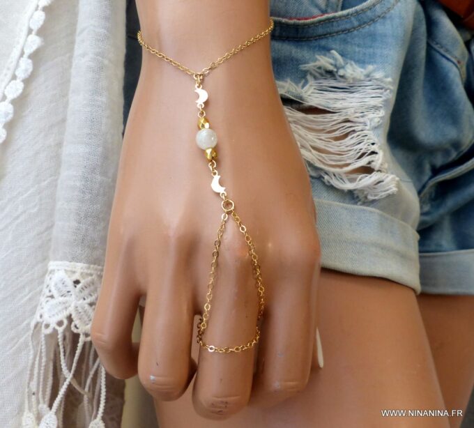 N6150c - Bracelet bague chaine de main plaqué or et pierre de lune - Bijoux Bracelets en ligne Ninanina