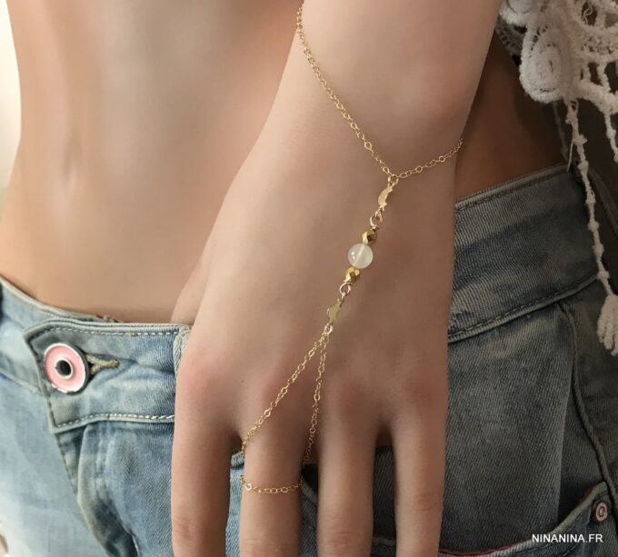 N6150c Bracelet bague femme plaqué or et pierre de lune - Bijoux Bracelets en ligne Ninanina