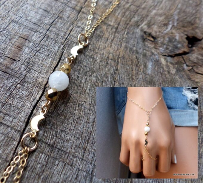 N6150d Bracelet bague - chaine de main pierres fines pierre de lune plaqué or - Bijoux Bracelets en ligne Ninanina
