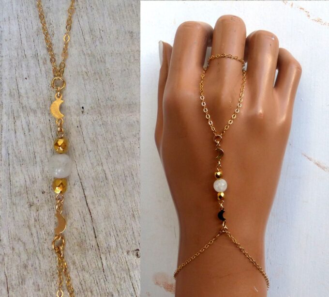 N6150d - Bracelet bague chaine de main plaqué or et pierre de lune - Bijoux Bracelets en ligne Ninanina